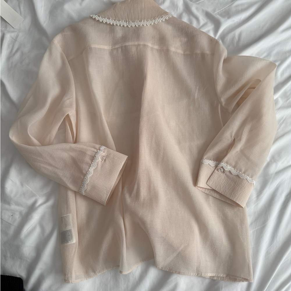 H&M Beige Blouse with Lace Trim and Fluttery High Collar - Picture 7 of 7